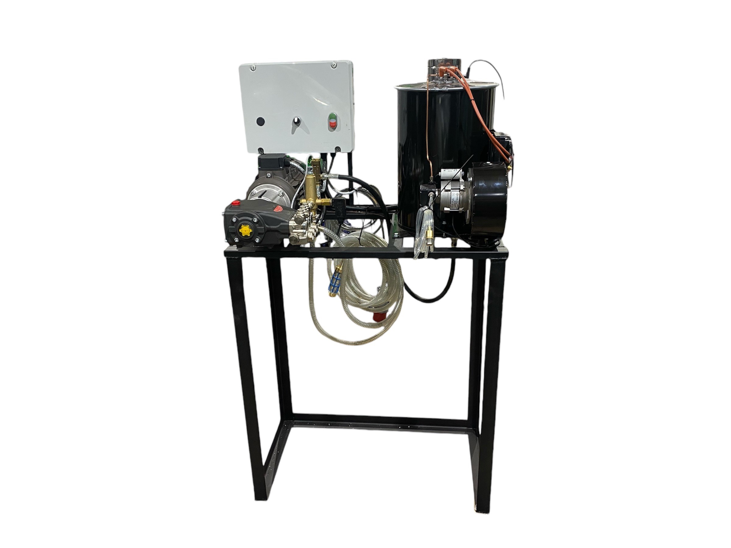 Purpose built Pressure washer with high pressure pump and motor, control panel and burner sitting on top of a steel frame.
